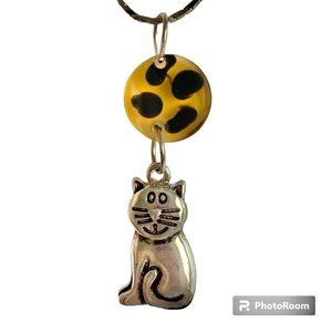 Cat Necklace Silver Plated 18" Chain Crystal Black Enamel Charm Pendant